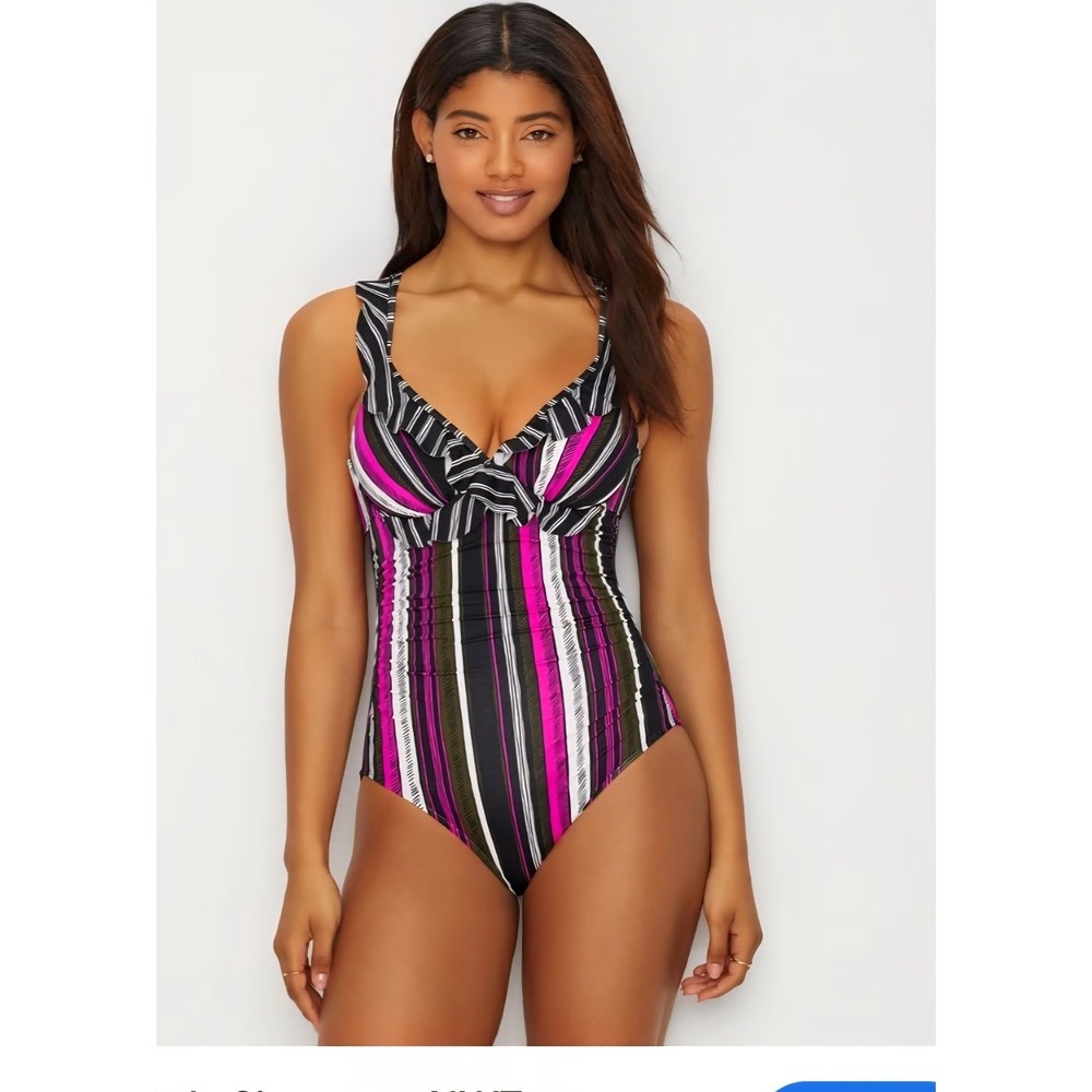 Anne Cole Swimsuit Women 16 Multi Stripe Ruffle V-Neck One-Piece Open Back NWT